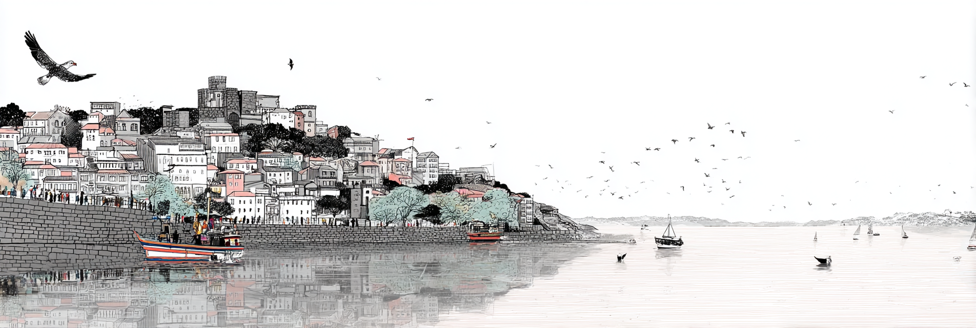Küstendstadt Mit Hügel Und Boote Friedliche Szene Illustration | Illustration und Zeichnung | Kunstgattungen