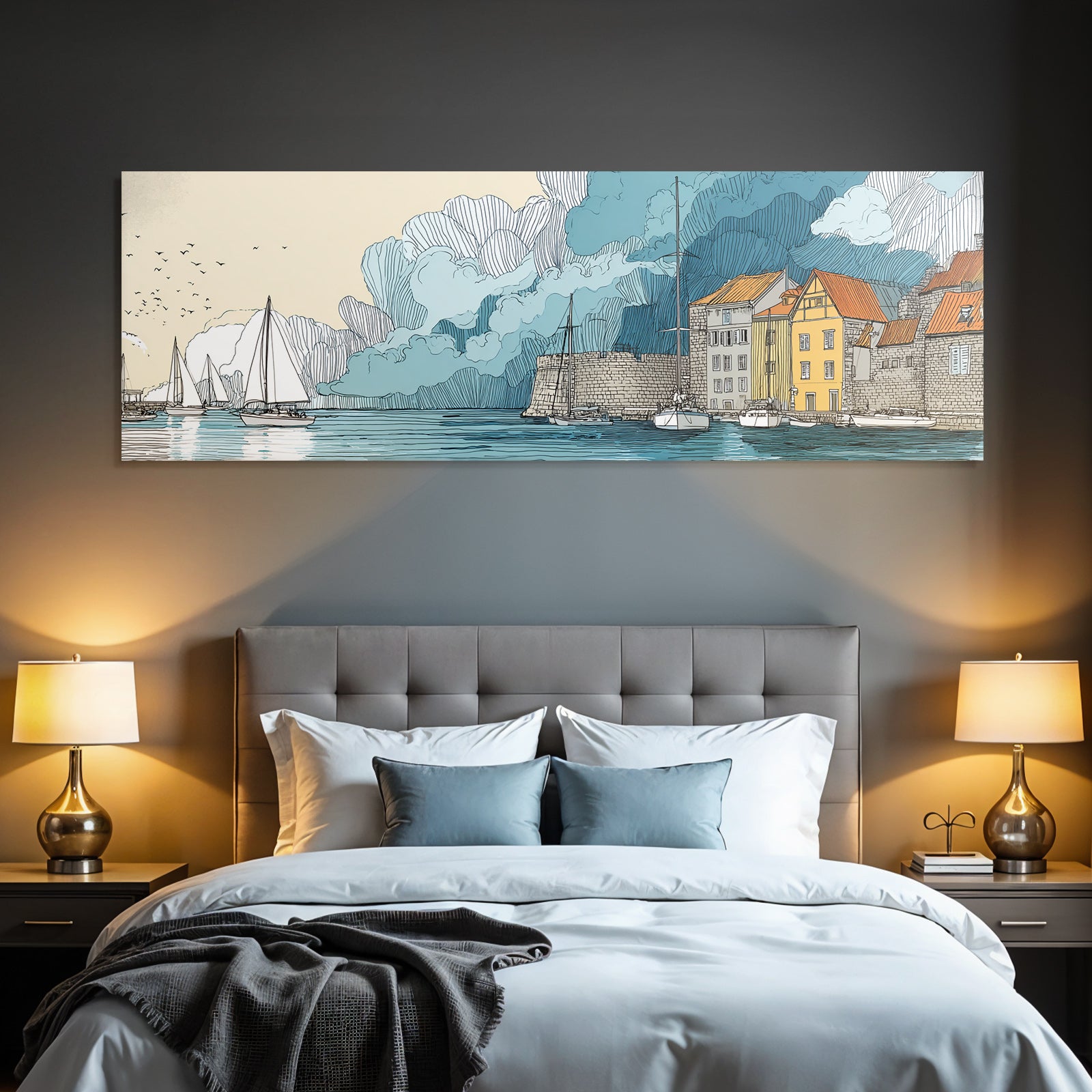 Küstenlandschaft Hafen Schiffe Waßerfront Illustration