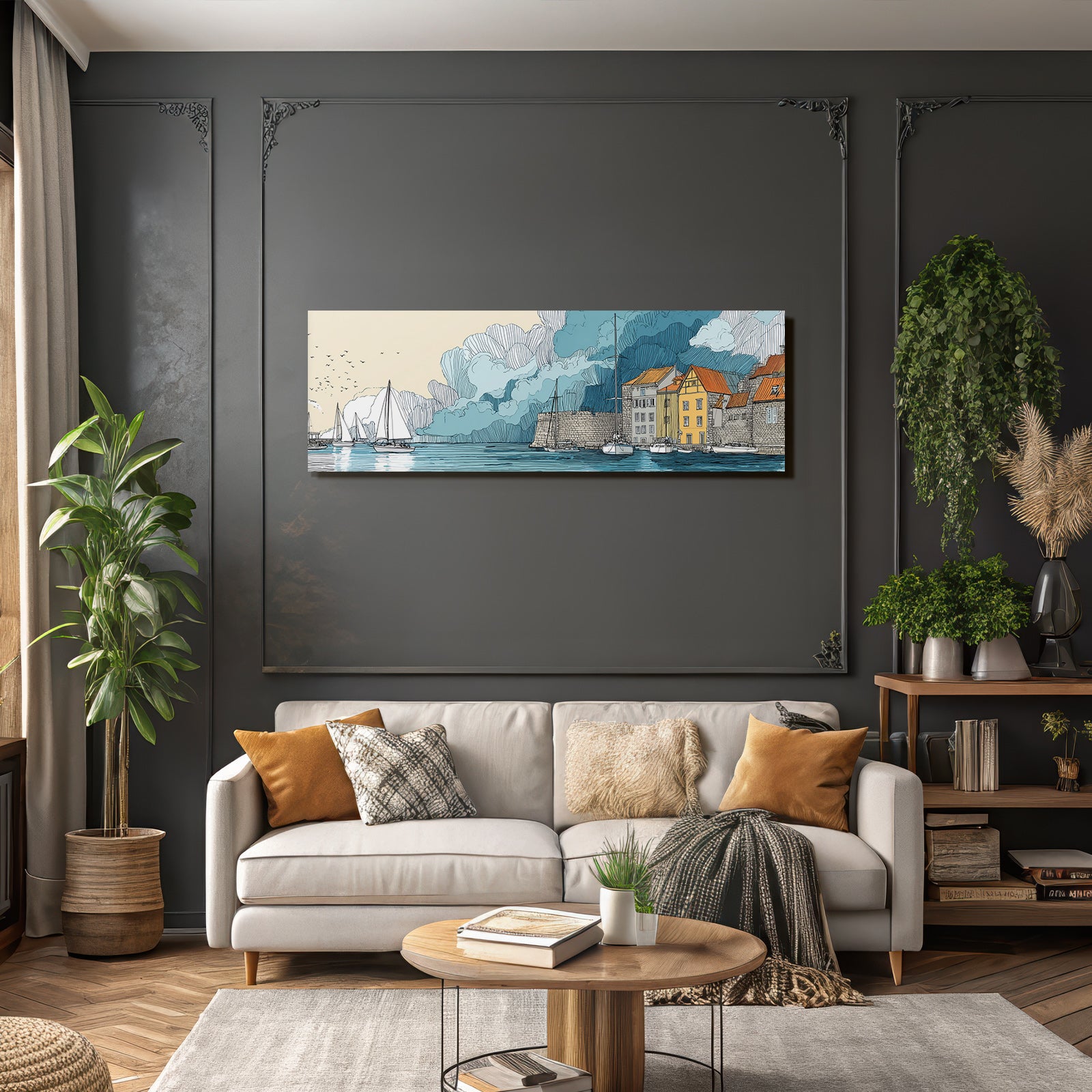 Küstenlandschaft Hafen Schiffe Waßerfront Illustration