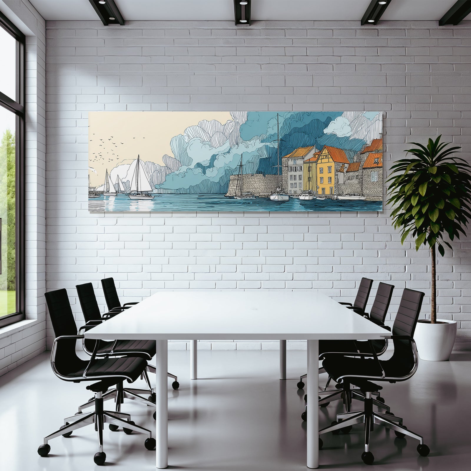 Küstenlandschaft Hafen Schiffe Waßerfront Illustration