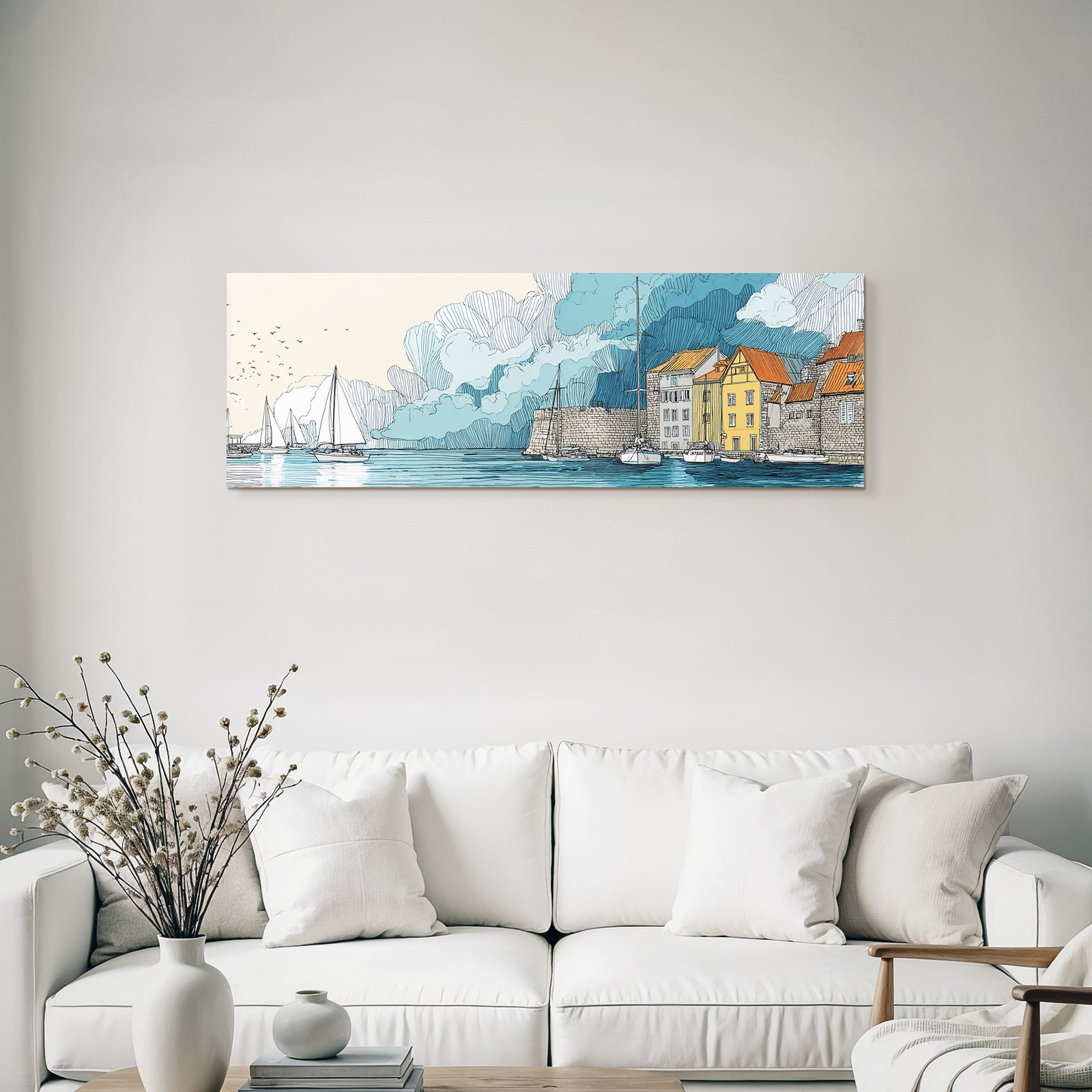 Küstenlandschaft Hafen Schiffe Waßerfront Illustration