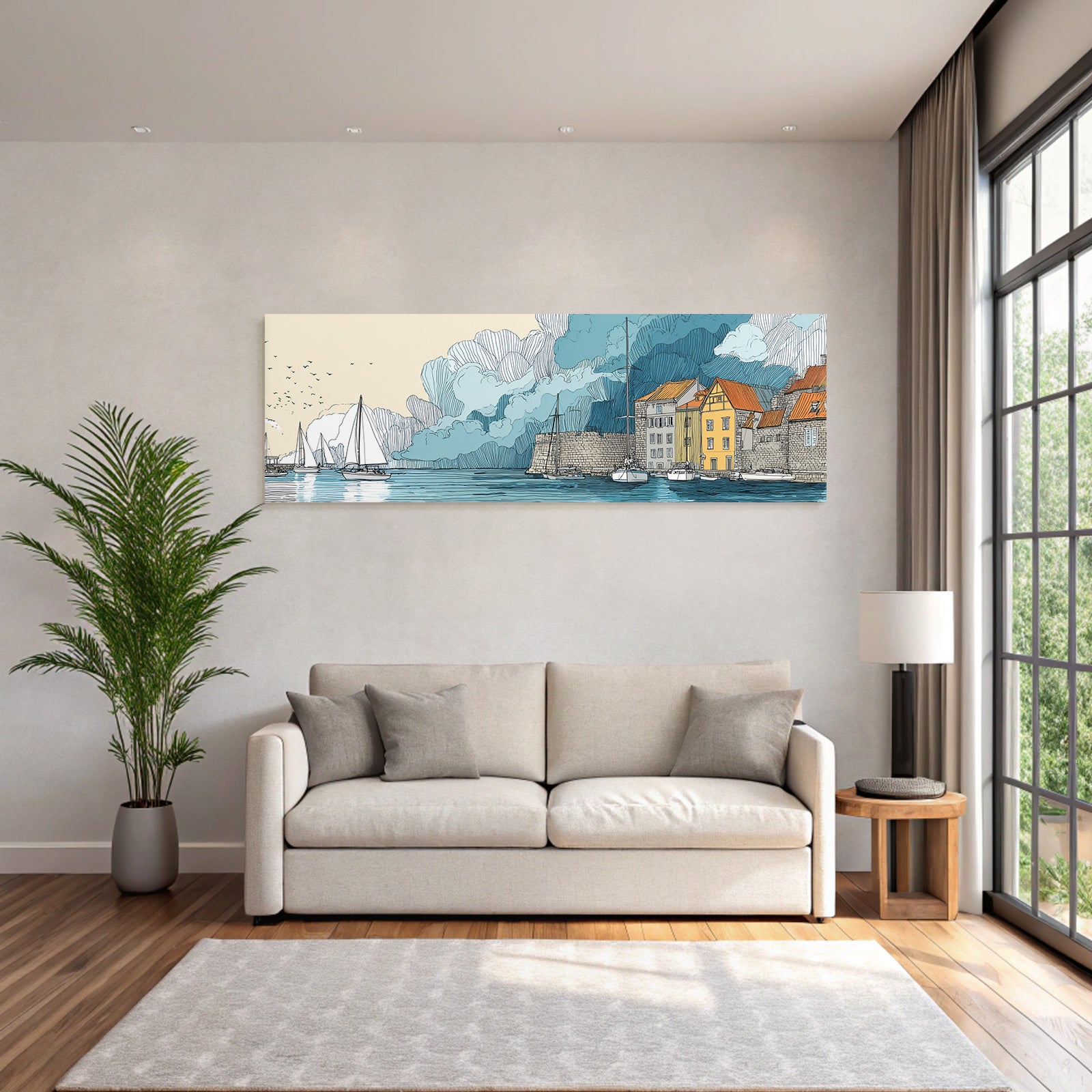 Küstenlandschaft Hafen Schiffe Waßerfront Illustration