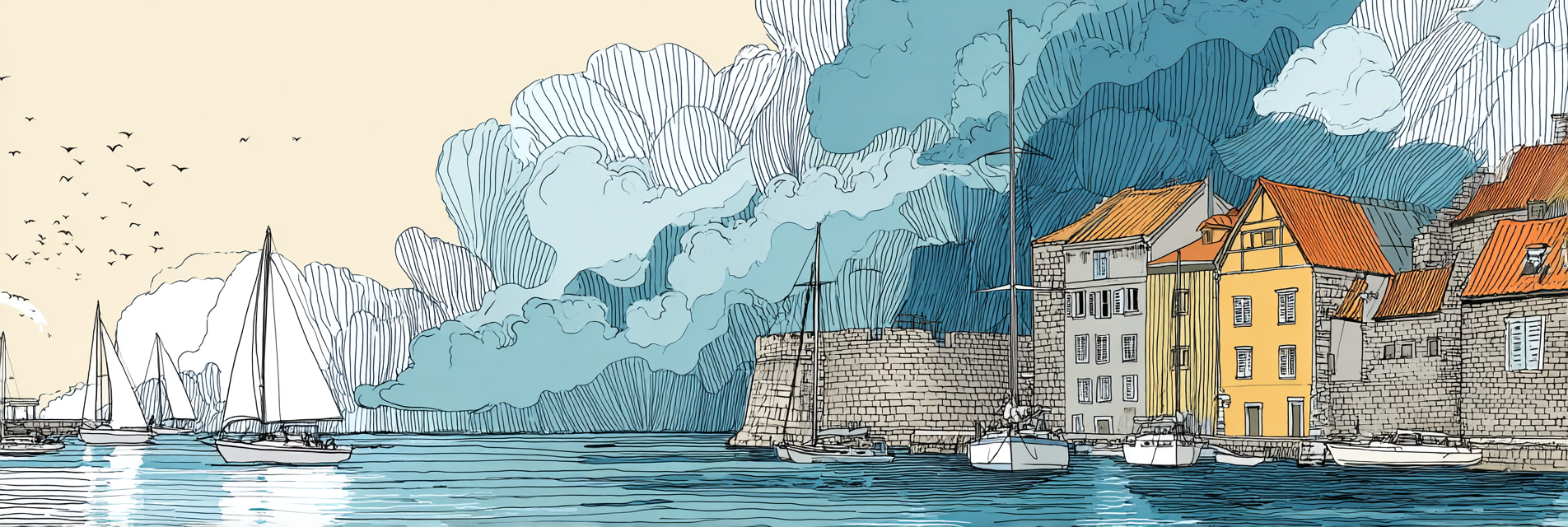 Küstenlandschaft Hafen Schiffe Waßerfront Illustration | Illustration und Zeichnung | Kunstgattungen
