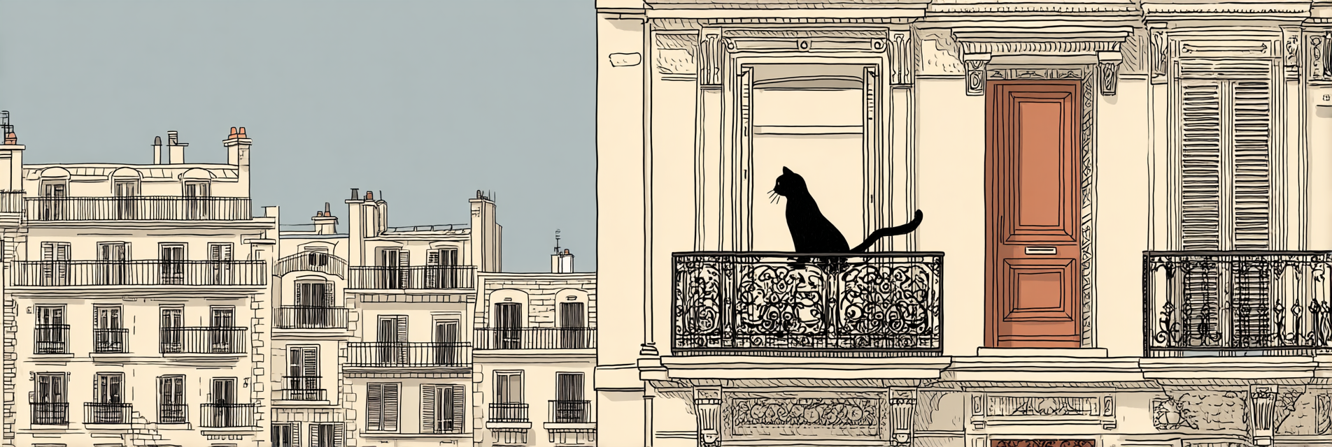 Parisian Stadtlandschaft Mit Katze Auf Balcony | Illustration und Zeichnung | Kunstgattungen