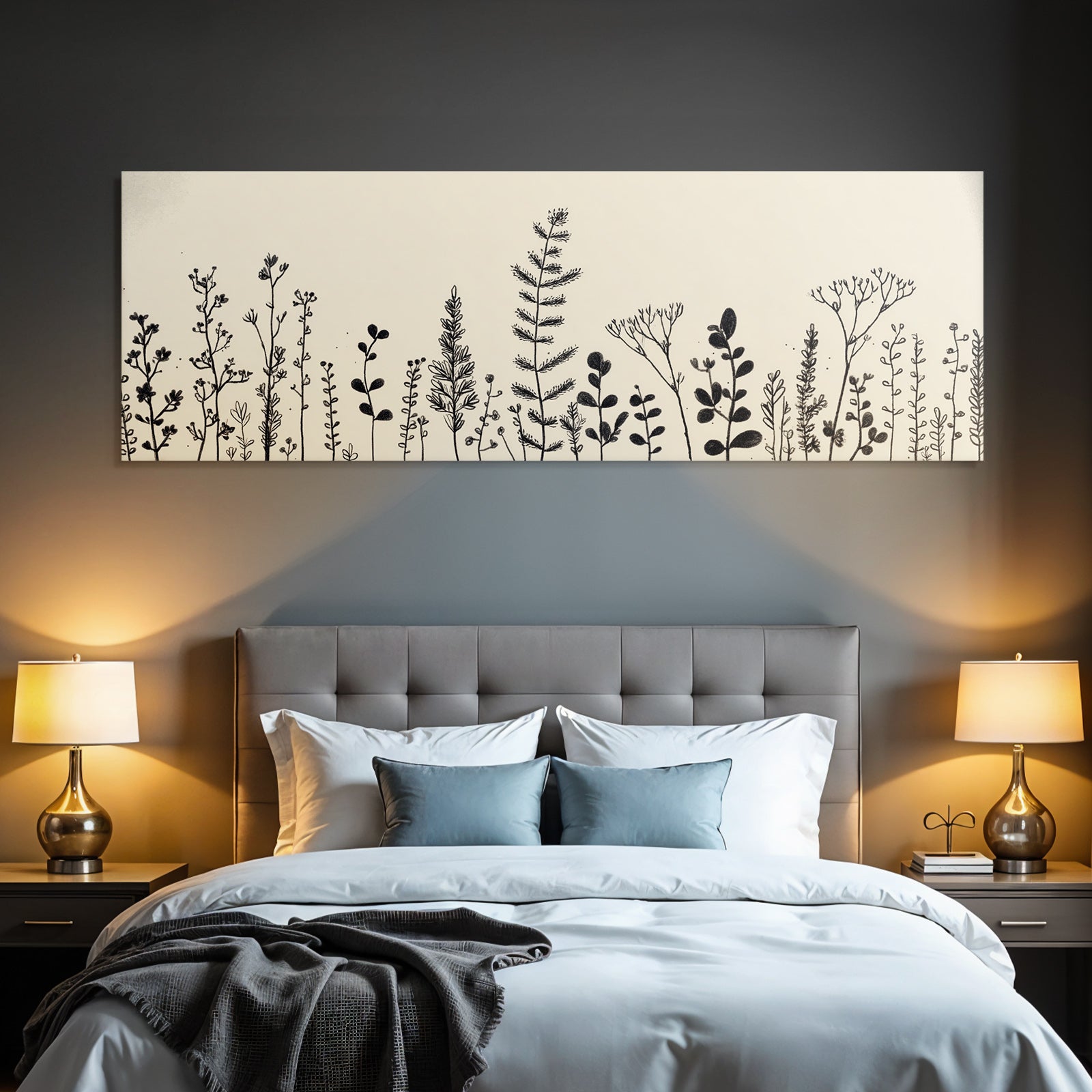 Pflanzen Und Blumen Skizze In Schwarz Weiß Beige Hintergrund