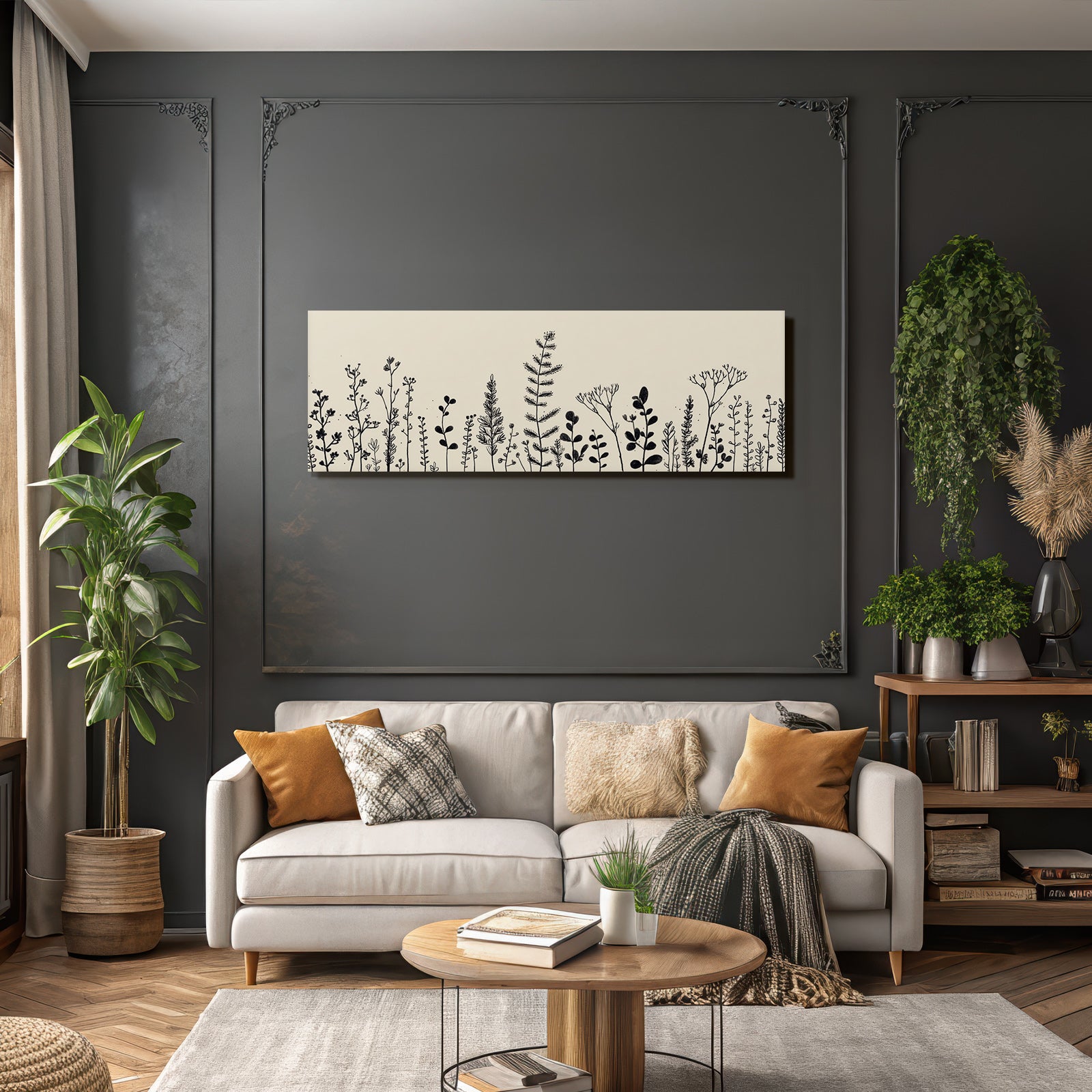 Pflanzen Und Blumen Skizze In Schwarz Weiß Beige Hintergrund
