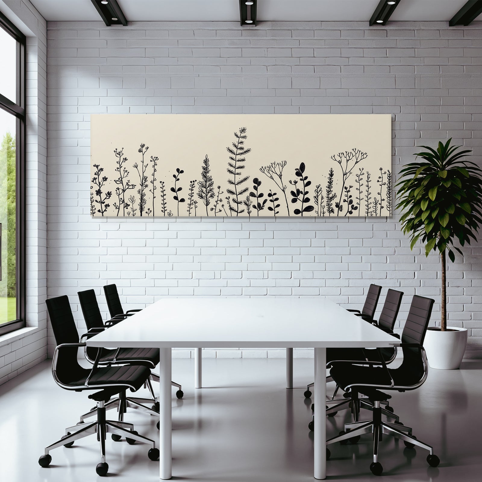 Pflanzen Und Blumen Skizze In Schwarz Weiß Beige Hintergrund