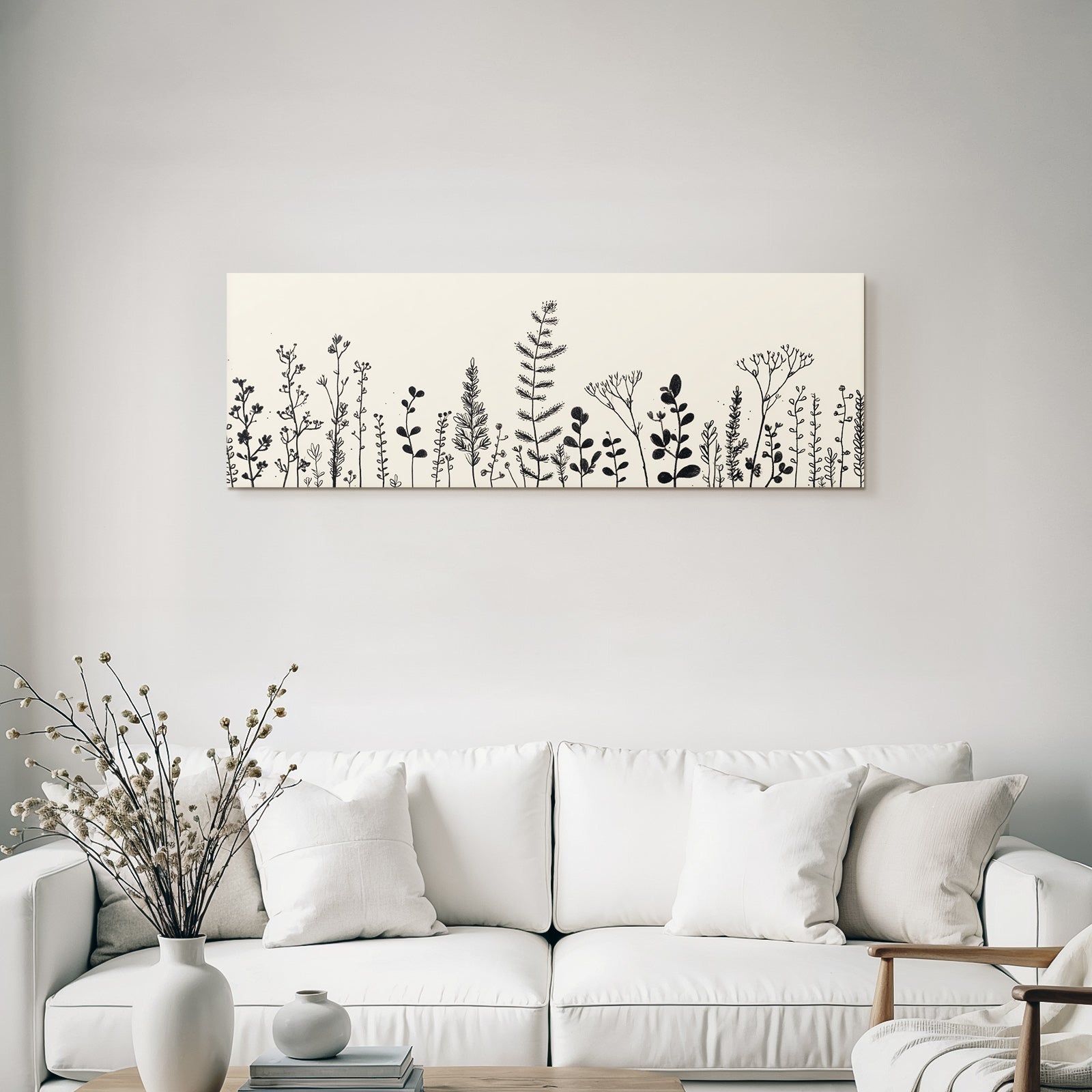 Pflanzen Und Blumen Skizze In Schwarz Weiß Beige Hintergrund