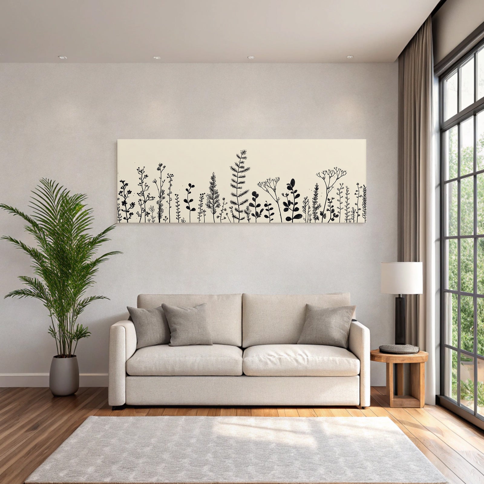 Pflanzen Und Blumen Skizze In Schwarz Weiß Beige Hintergrund