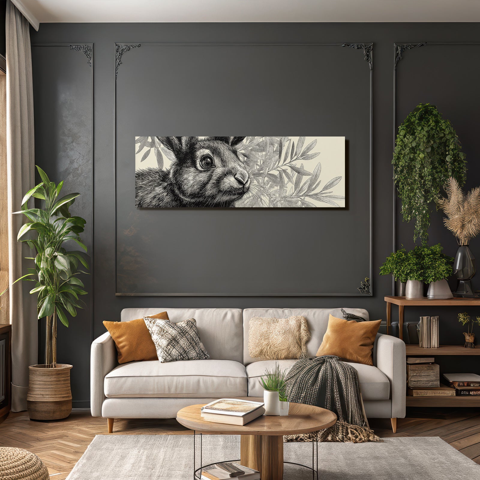 Rabbit Mit Details Von Fell Und Gesicht Und Blatter Im Hintergrund