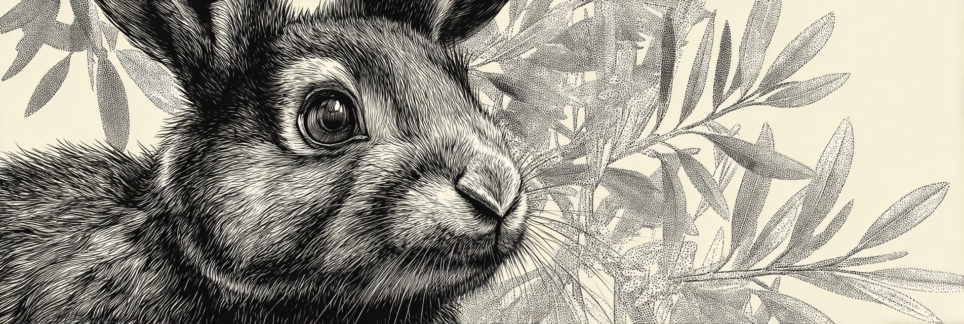 Rabbit Mit Details Von Fell Und Gesicht Und Blatter Im Hintergrund | Illustration und Zeichnung | Kunstgattungen