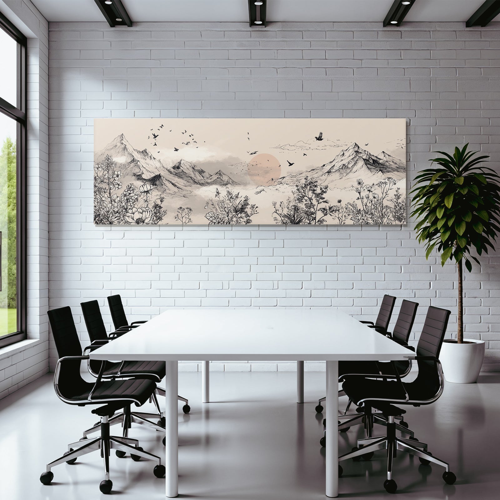 Scenic Landschaft Mit Bergen Blumen Und Vögeln Im Himmel Dawn Dusk