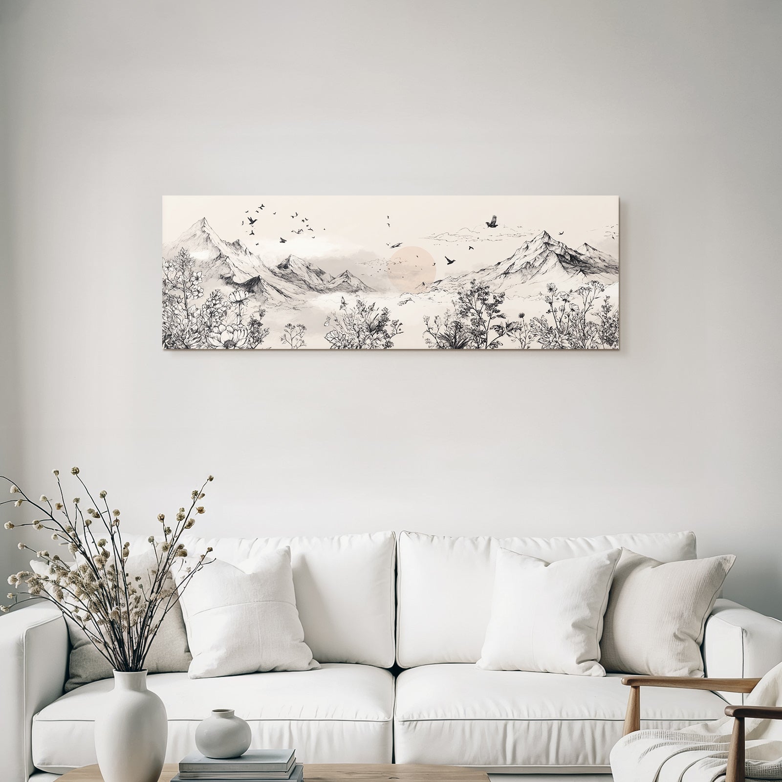 Scenic Landschaft Mit Bergen Blumen Und Vögeln Im Himmel Dawn Dusk