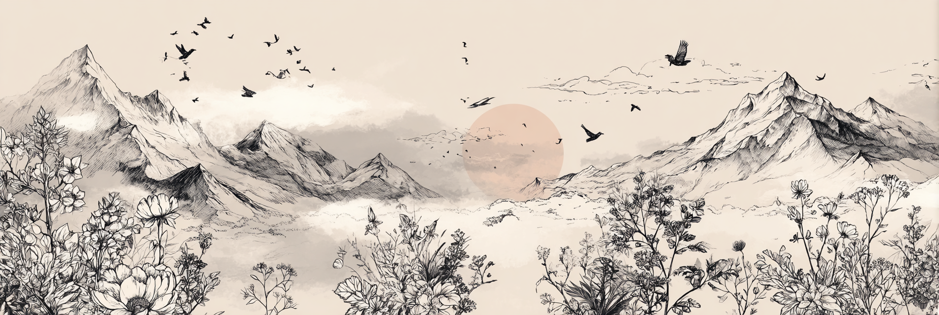 Scenic Landschaft Mit Bergen Blumen Und Vögeln Im Himmel Dawn Dusk | Illustration und Zeichnung | Kunstgattungen