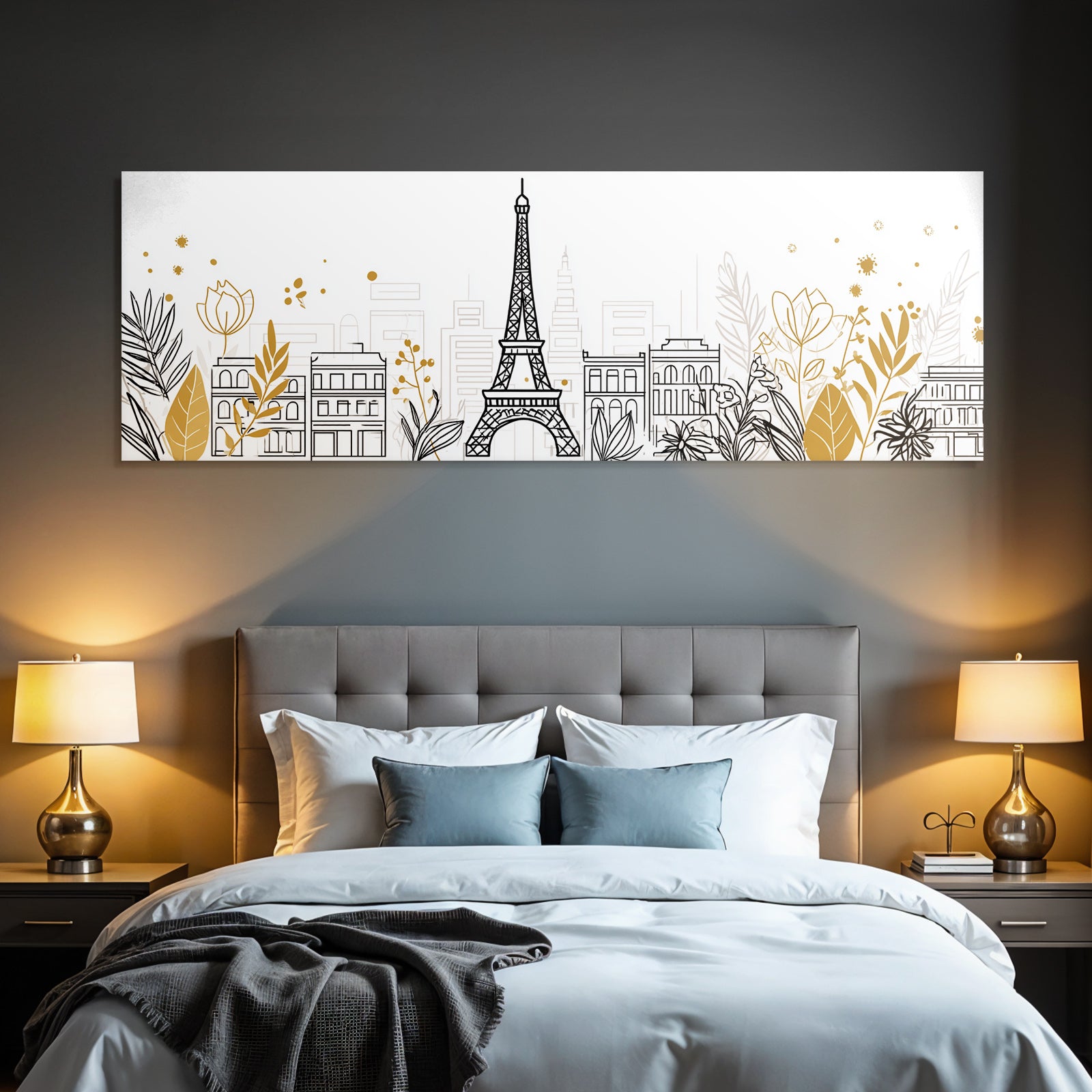Stadt Silhoütte Mit Eiffel Turm Kunstwerk Goldakzente