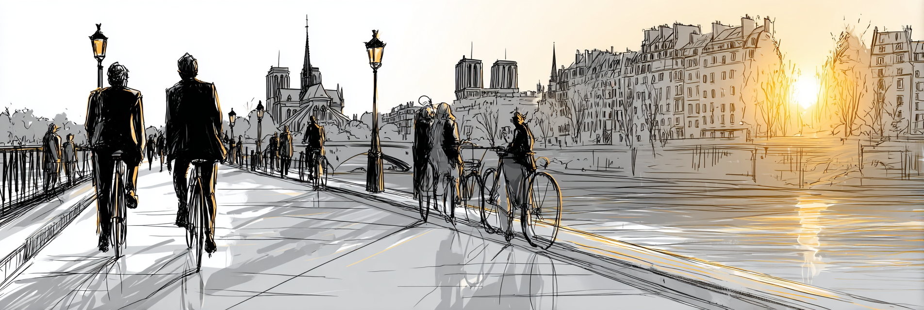 Stadtansicht Am Waßer Sunset Mit Radfahrern Und Fußgängern | Illustration und Zeichnung | Kunstgattungen