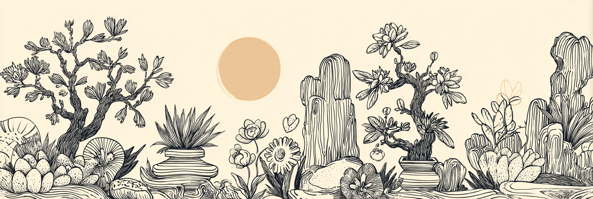 Stilisierte Landschaft Mit Pflanzen Und Kaktus Skizze | Illustration und Zeichnung | Kunstgattungen