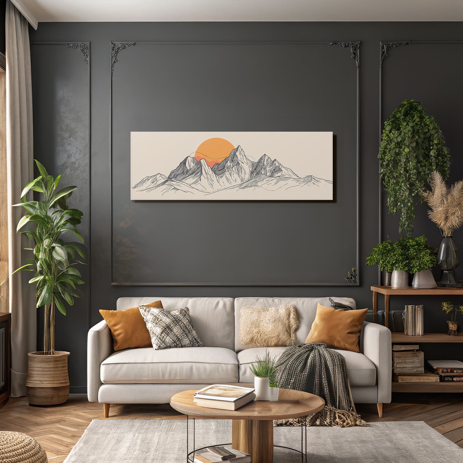 Stylisierte Illustration Von Bergen Mit Sonnenuntergang