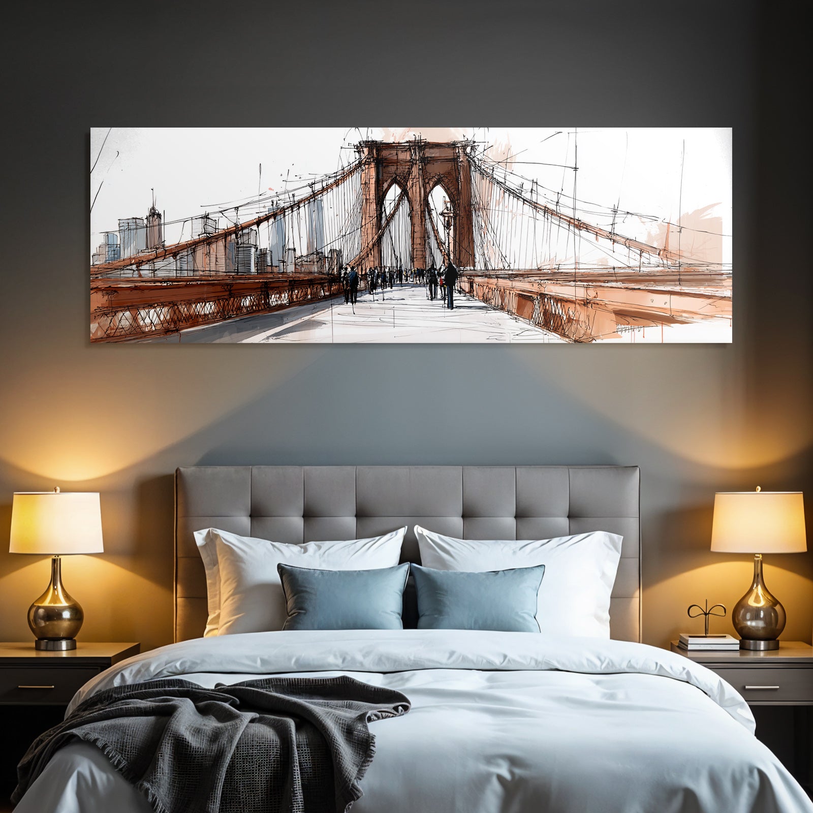 Stylisierte Skizze Von Der Brooklyn Bridge Mit Stadtansicht