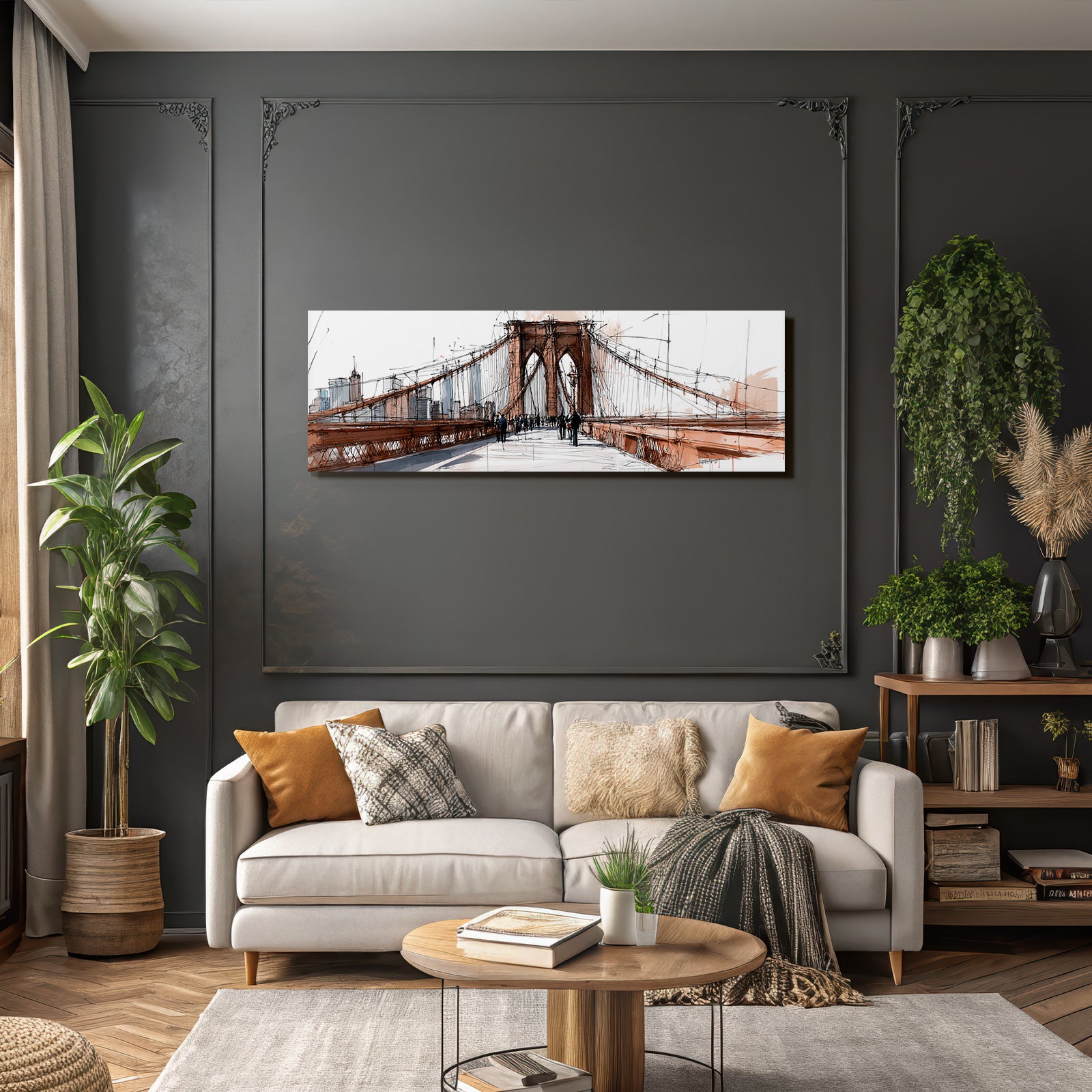 Stylisierte Skizze Von Der Brooklyn Bridge Mit Stadtansicht