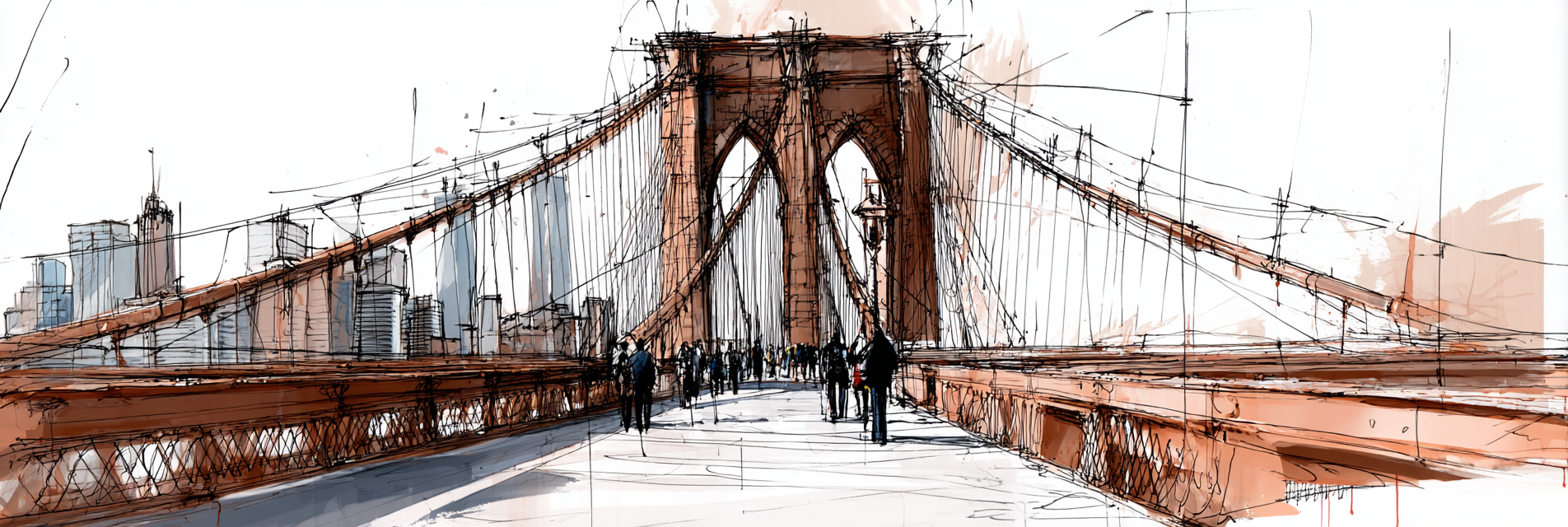 Stylisierte Skizze Von Der Brooklyn Bridge Mit Stadtansicht | Illustration und Zeichnung | Kunstgattungen