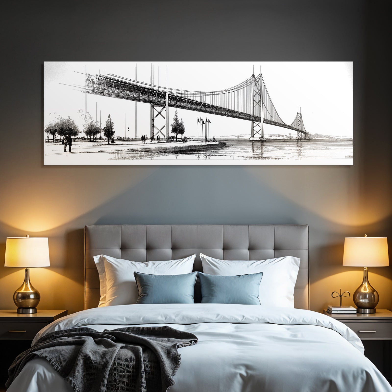 Suspensionsbrücke Monochrom Mit Menschen Und Bäumen