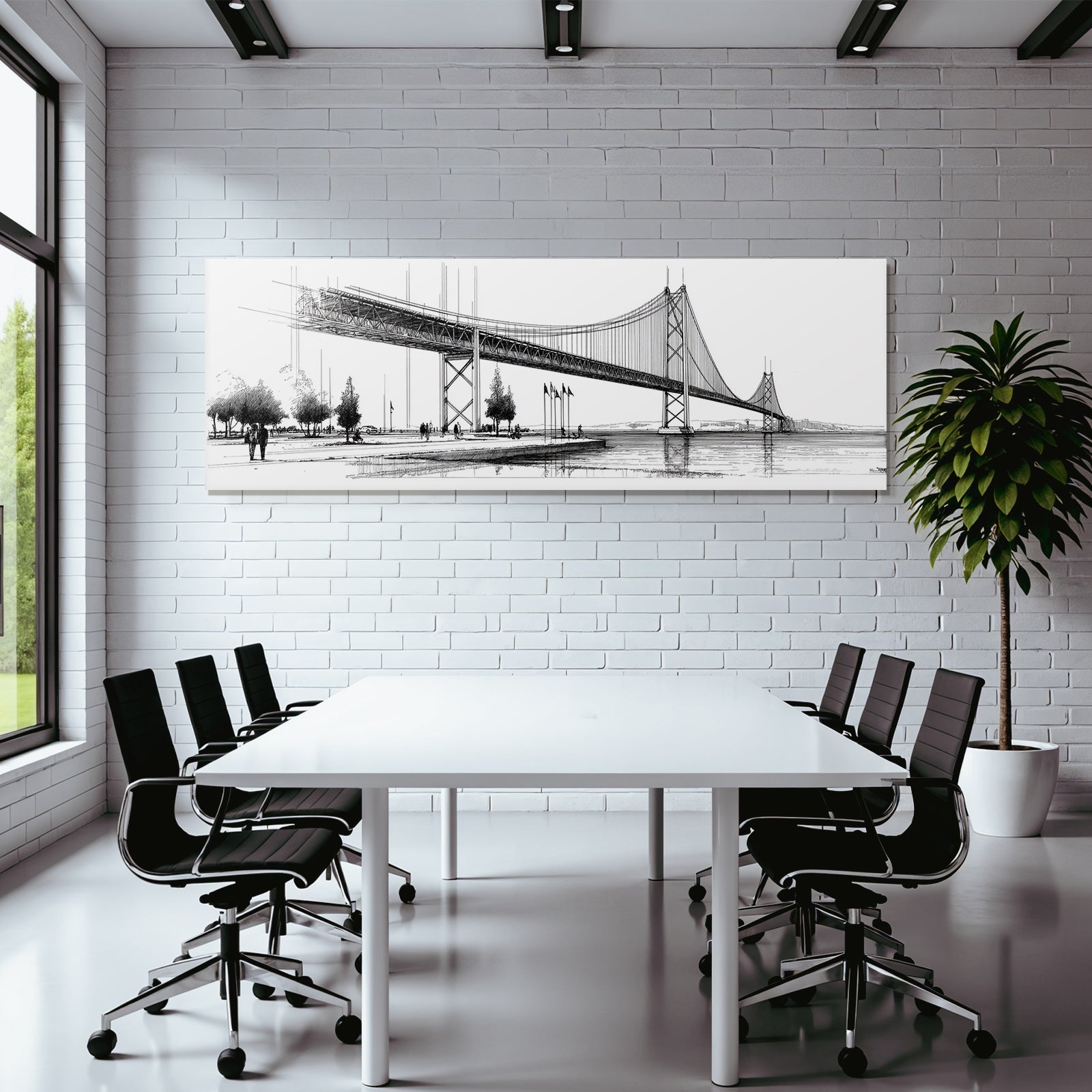 Suspensionsbrücke Monochrom Mit Menschen Und Bäumen