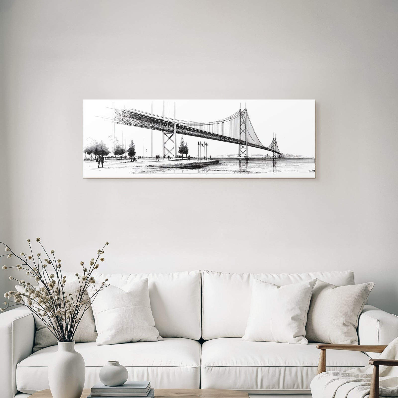 Suspensionsbrücke Monochrom Mit Menschen Und Bäumen