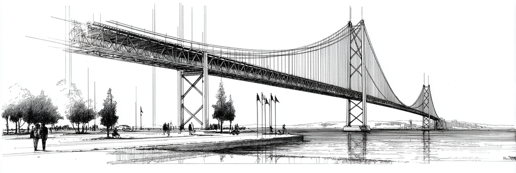 Suspensionsbrücke Monochrom Mit Menschen Und Bäumen | Illustration und Zeichnung | Kunstgattungen