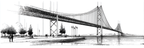 Suspensionsbrücke Monochrom Mit Menschen Und Bäumen | Illustration und Zeichnung | Kunstgattungen