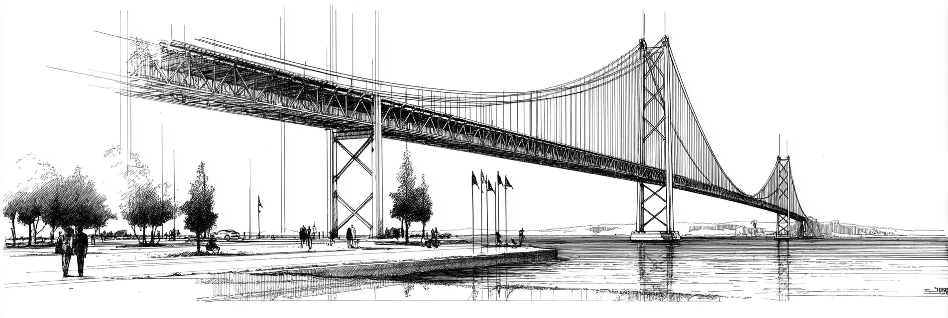 Suspensionsbrücke Monochrom Mit Menschen Und Bäumen | Illustration und Zeichnung | Kunstgattungen