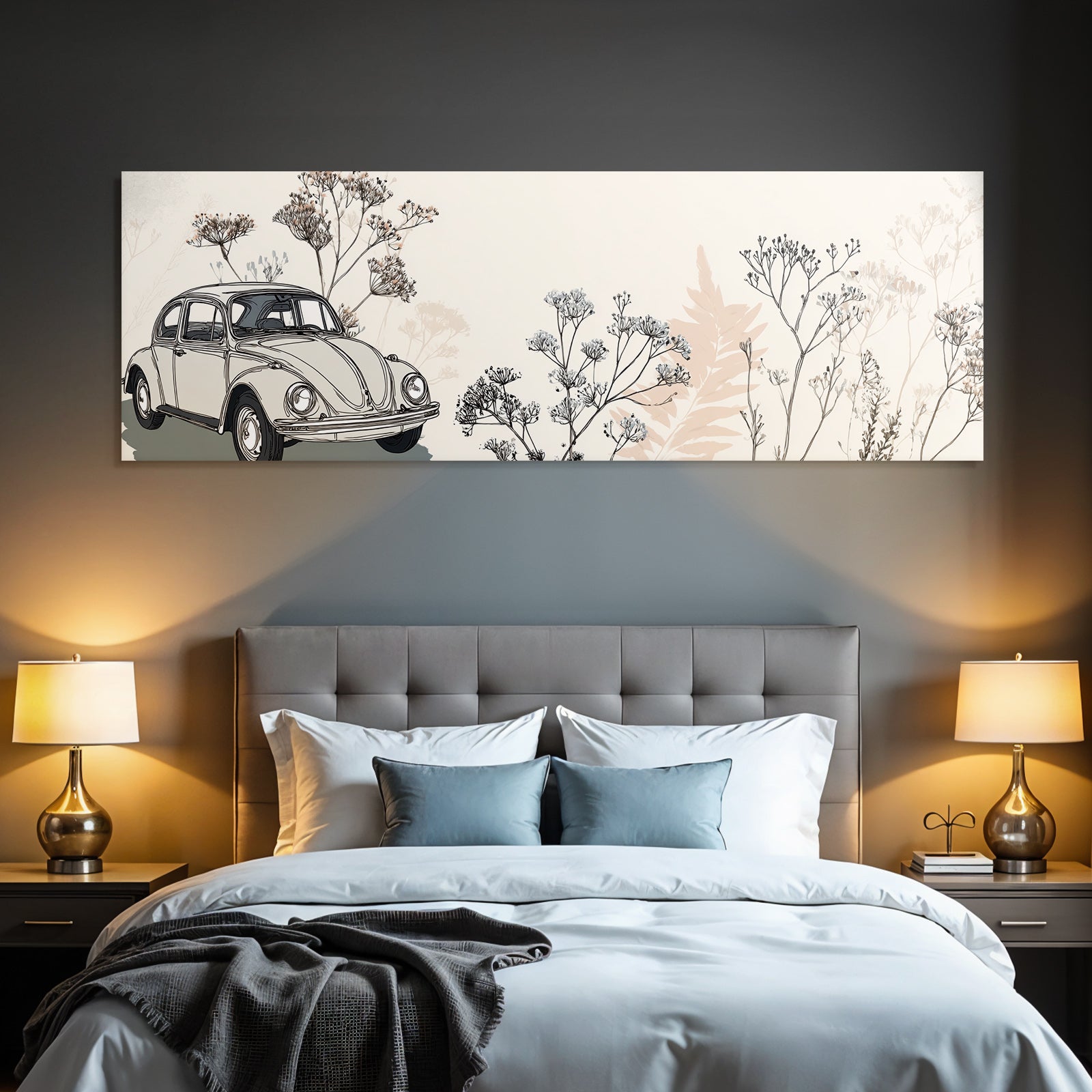 Vintage Auto Mit Blumen Hintergrund Stilisierte Illustration