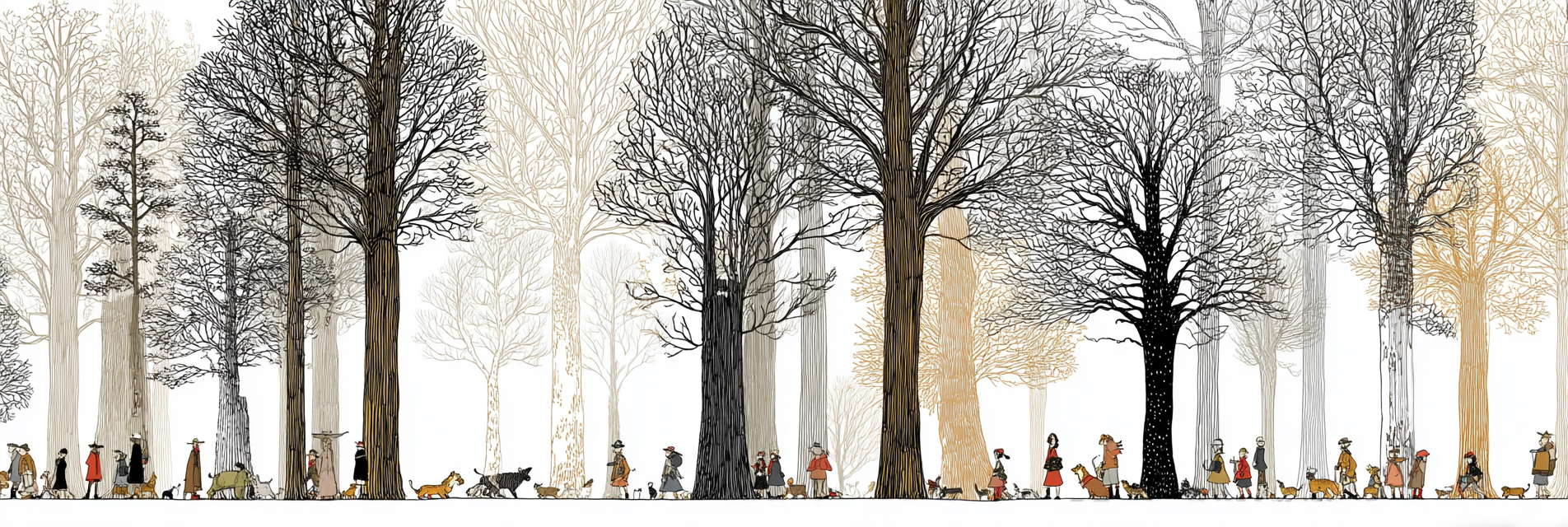Walde Spaziergang Mit Hunden Und Familien | Illustration und Zeichnung | Kunstgattungen
