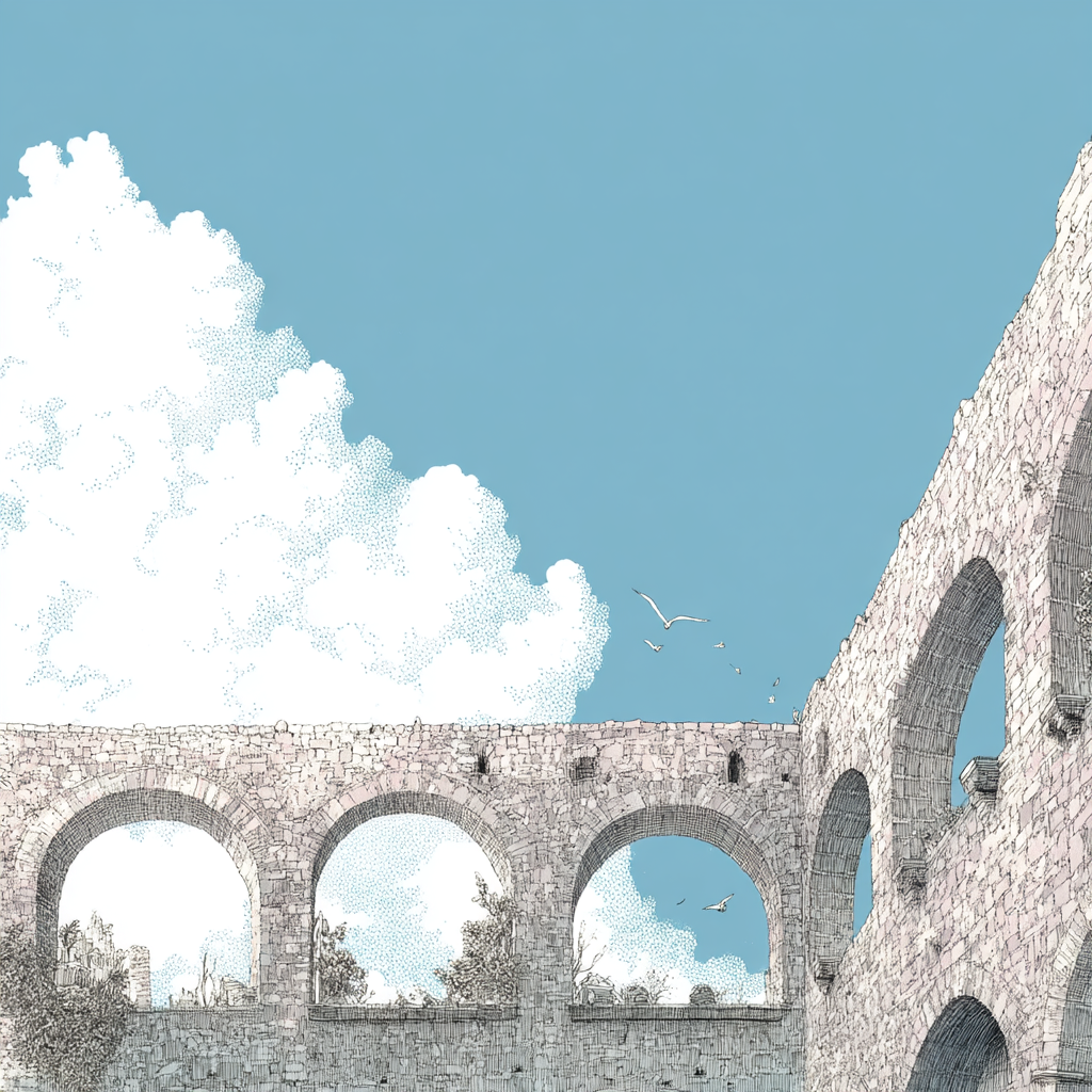 Antike Bauwerke Aquadukt Unter Blaüm Himmel Mit Wolken | Illustration und Zeichnung | Kunstgattungen
