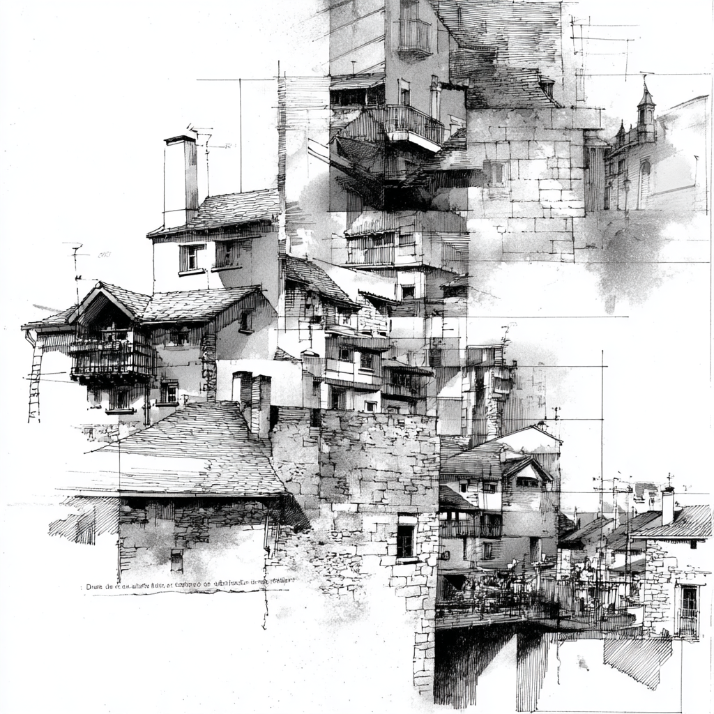 Architektonische Skizze Von Gebäuden Und Strukturen | Illustration und Zeichnung | Kunstgattungen