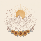 Beruhigende Naturansicht Mit Bergen Sonne Und Sonnenblumen | Illustration und Zeichnung | Kunstgattungen