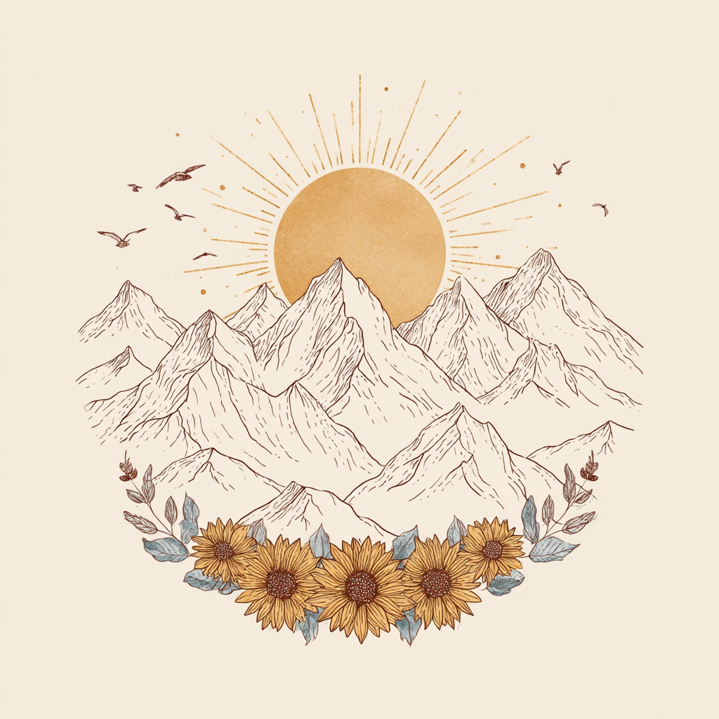 Beruhigende Naturansicht Mit Bergen Sonne Und Sonnenblumen | Illustration und Zeichnung | Kunstgattungen