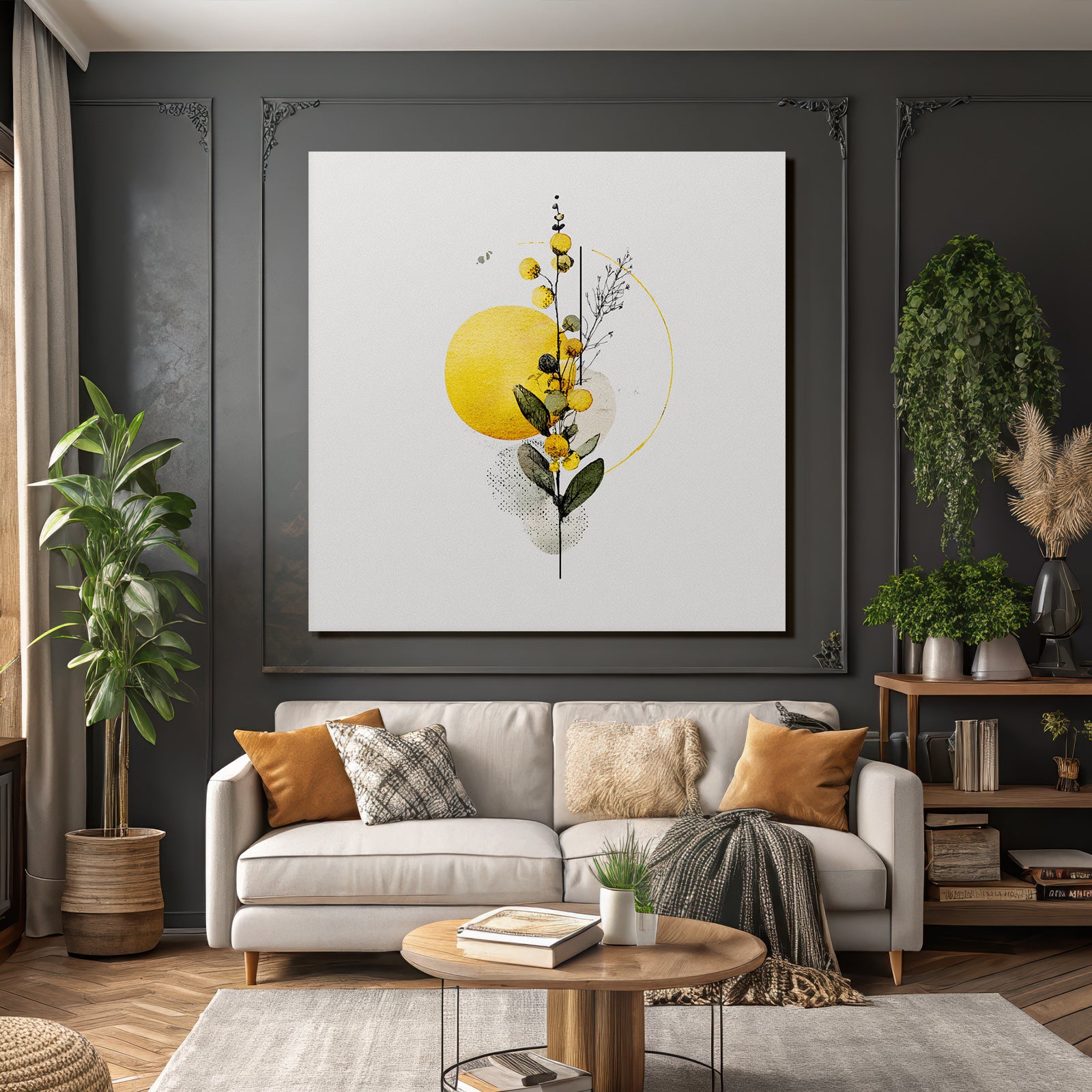 Botanische Abstraktion Mit Blumen Und Blättern Auf Gelbem Hintergrund