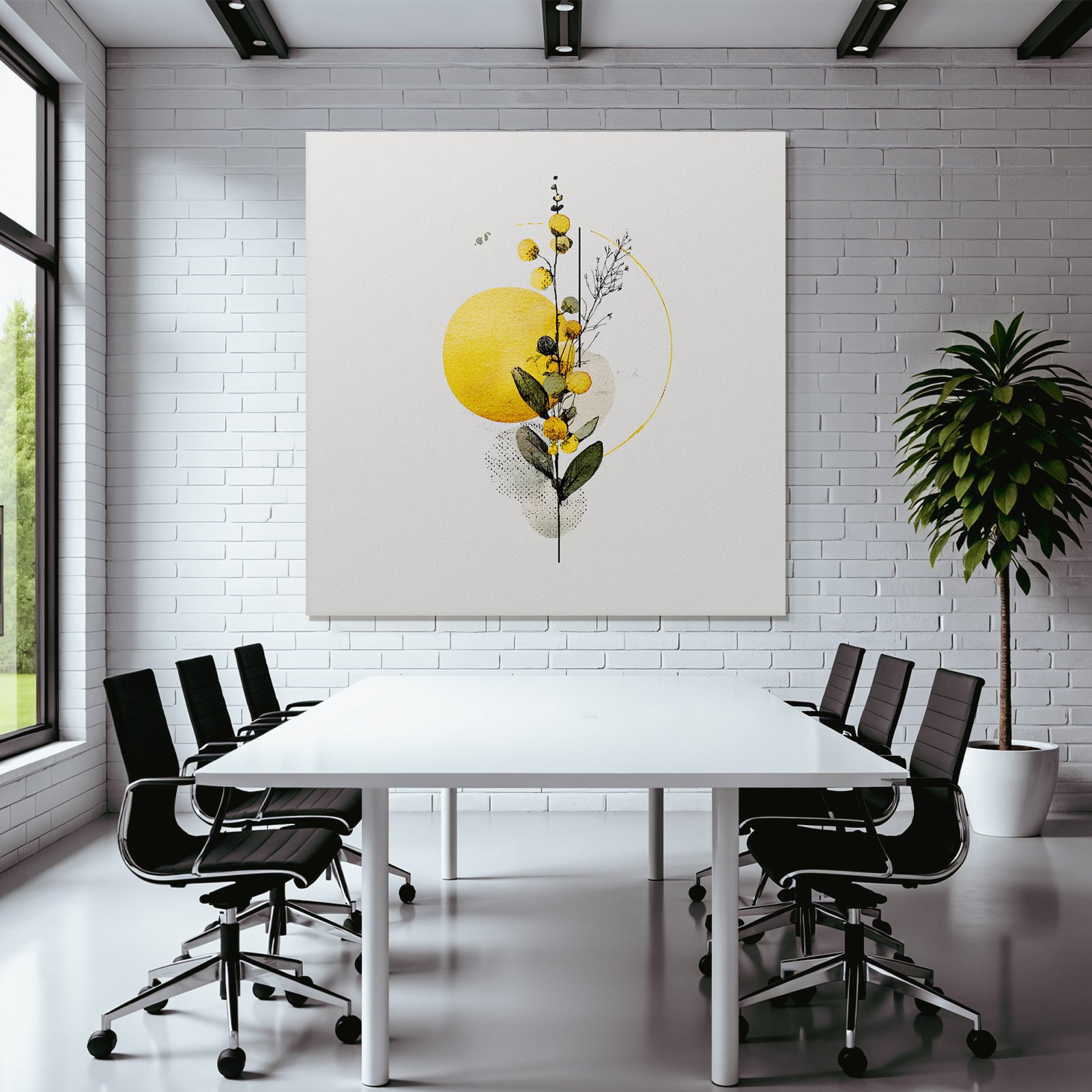 Botanische Abstraktion Mit Blumen Und Blättern Auf Gelbem Hintergrund