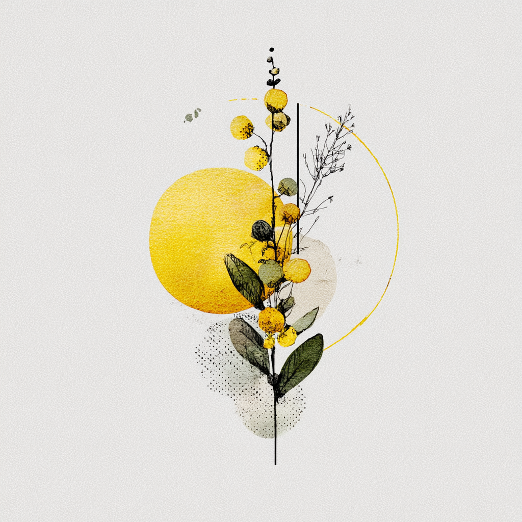 Botanische Abstraktion Mit Blumen Und Blättern Auf Gelbem Hintergrund | Illustration und Zeichnung | Kunstgattungen
