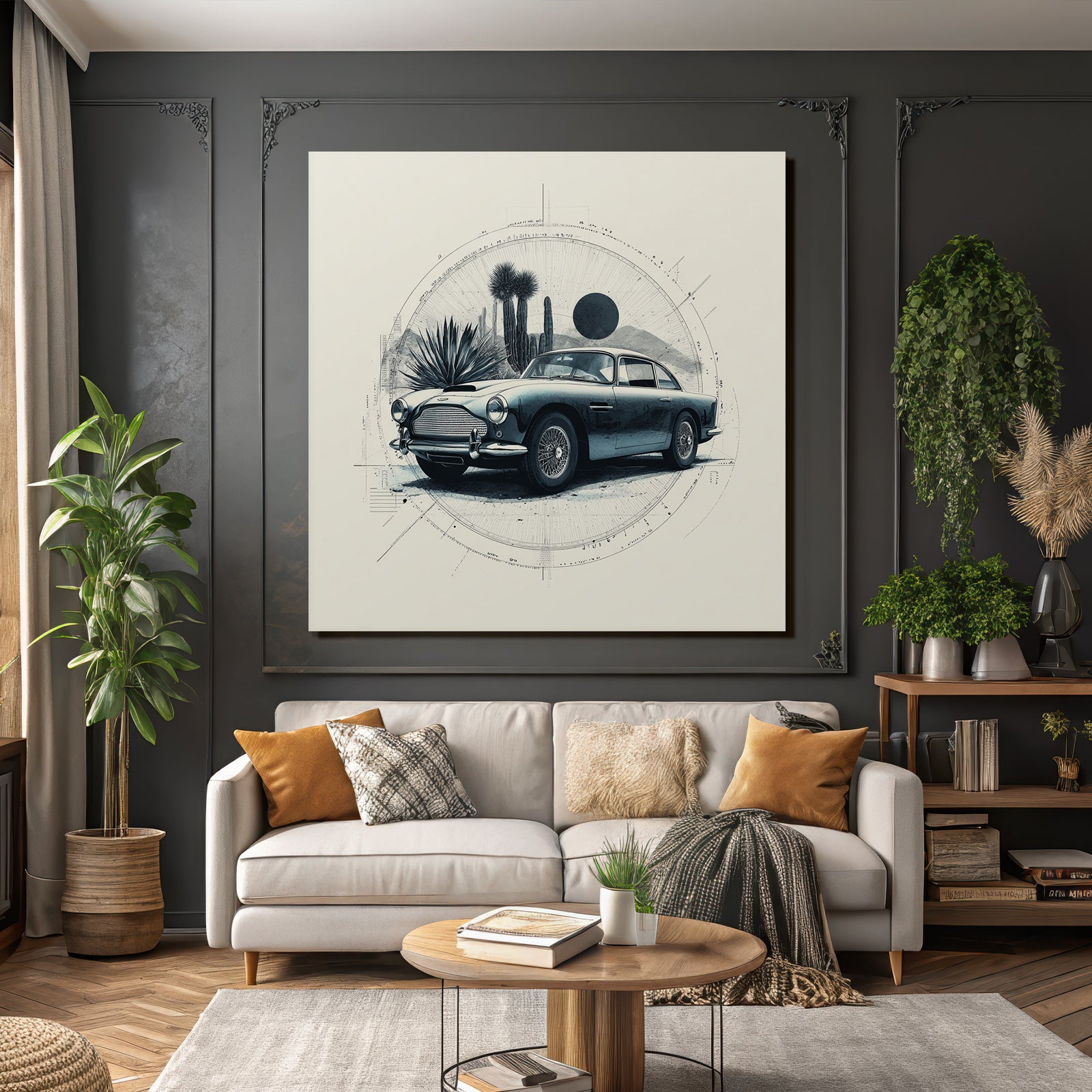 Claßic Auto Wüstenlandschaft Geometrische Elemente Kunststil