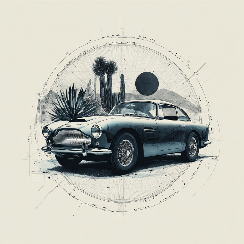 Claßic Auto Wüstenlandschaft Geometrische Elemente Kunststil | Illustration und Zeichnung | Kunstgattungen