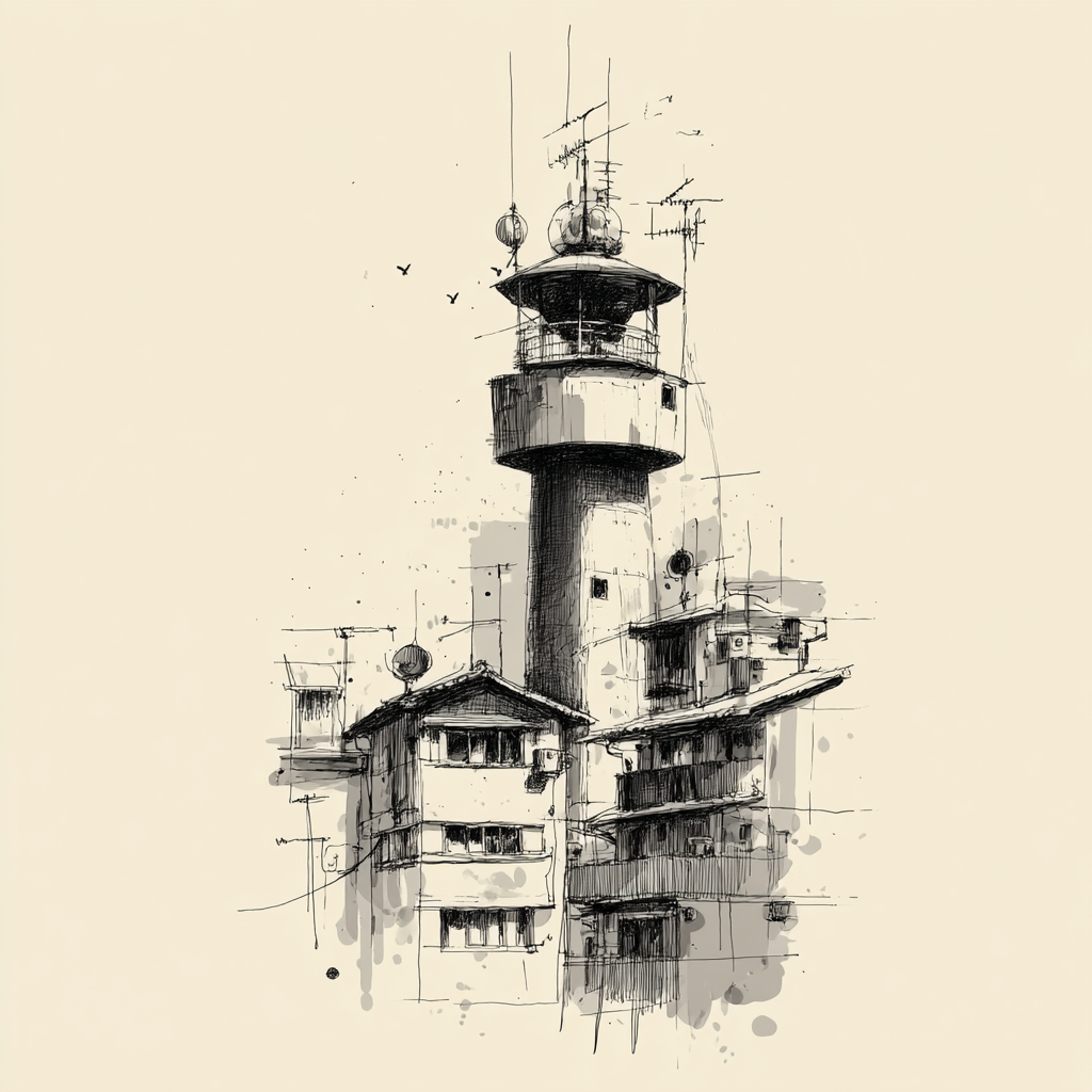 Gebäude Mit Turm Und Antenne Skizze | Illustration und Zeichnung | Kunstgattungen
