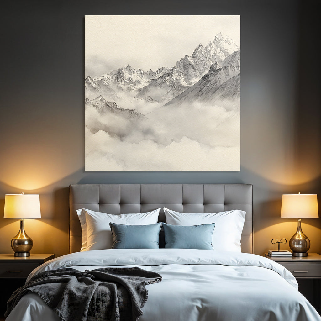 Gebirge Mit Wolken Monochrom Skizze Zeichnung