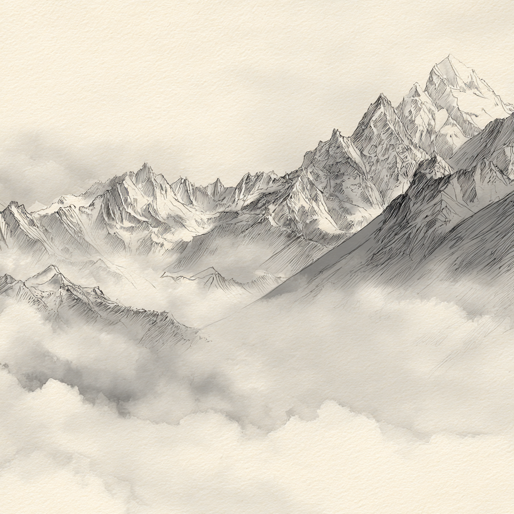 Gebirge Mit Wolken Monochrom Skizze Zeichnung | Illustration und Zeichnung | Kunstgattungen