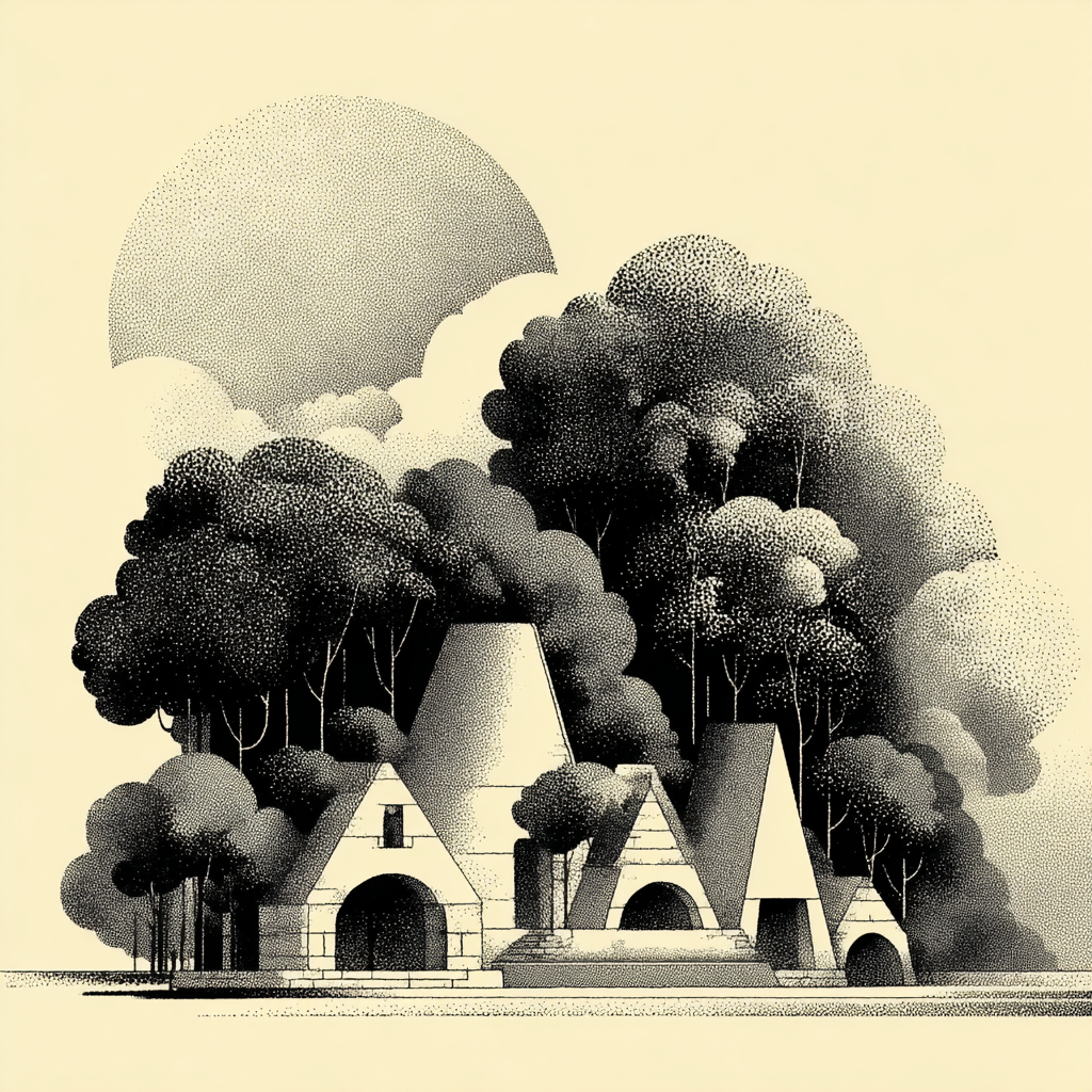 Geometrische Gebäude Und Bäume Im Monochromen Punktualistischen Stil | Illustration und Zeichnung | Kunstgattungen