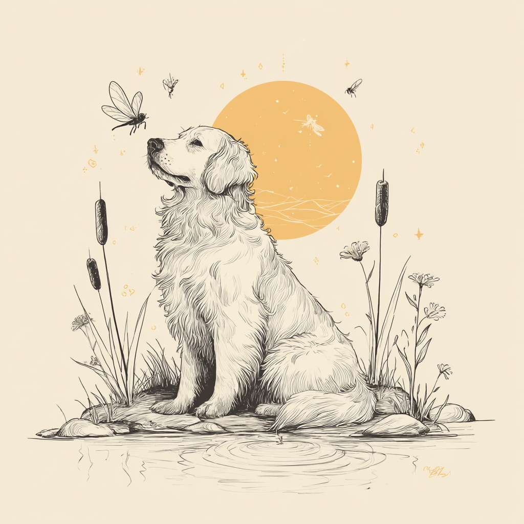 Golden Retriever Am Waßer Umgeben Von Vegetation Mit Insekten Und Sonne | Illustration und Zeichnung | Kunstgattungen