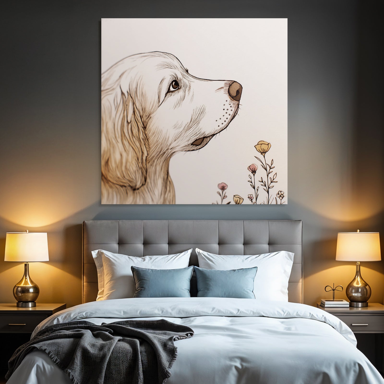 Golden Retriever Portrait Mit Blumen Kunstvoll Und Ruhig