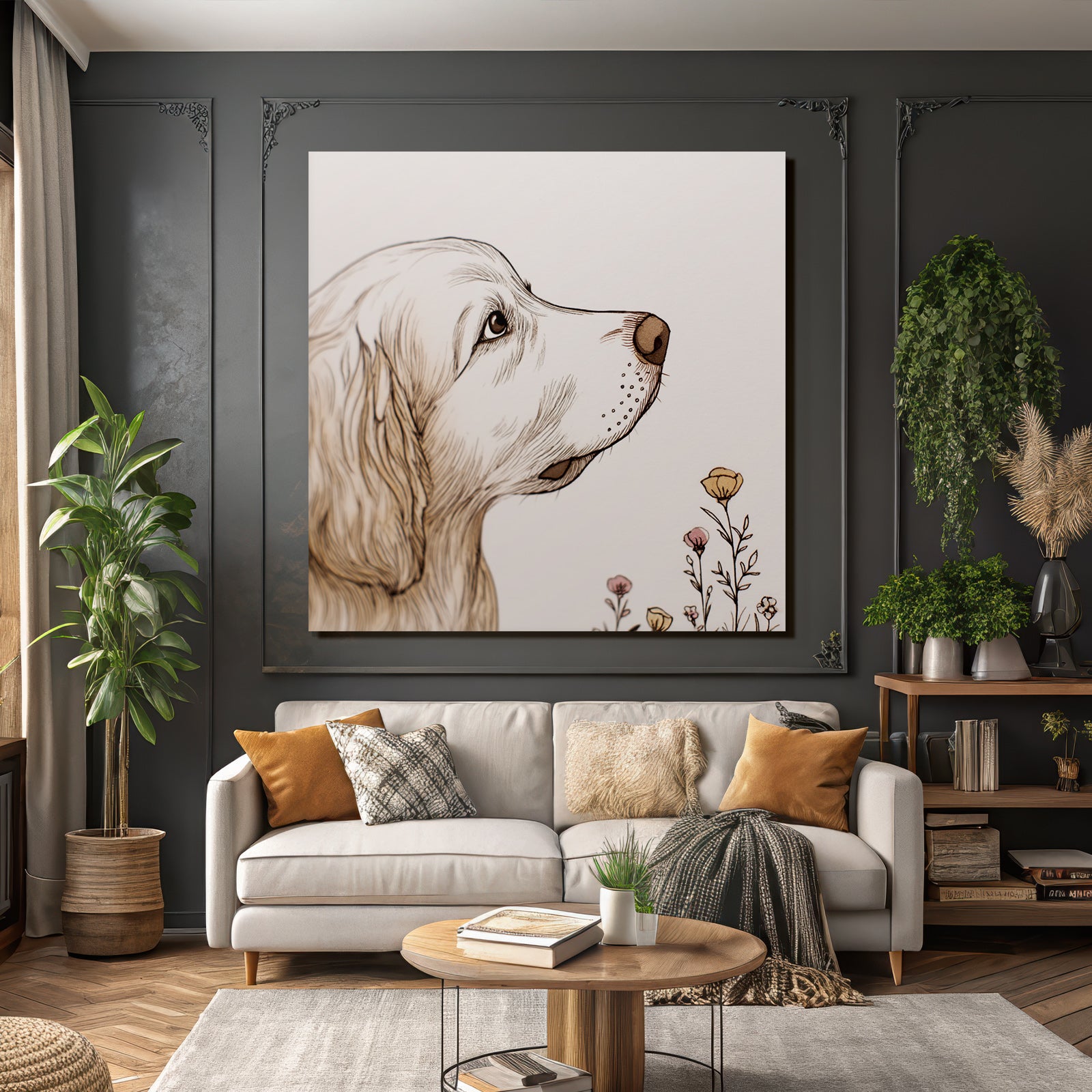 Golden Retriever Portrait Mit Blumen Kunstvoll Und Ruhig