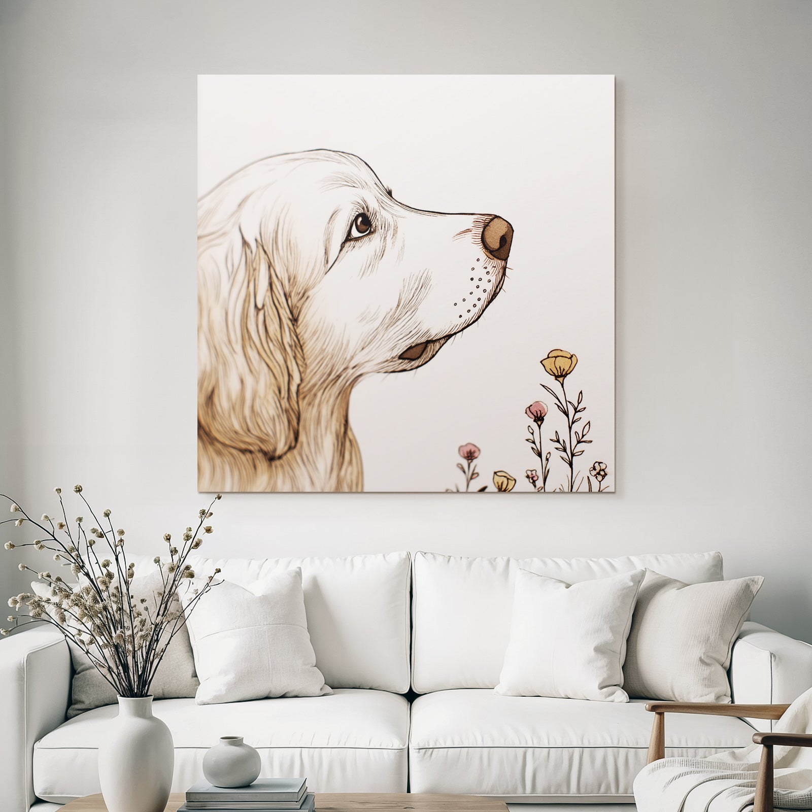 Golden Retriever Portrait Mit Blumen Kunstvoll Und Ruhig